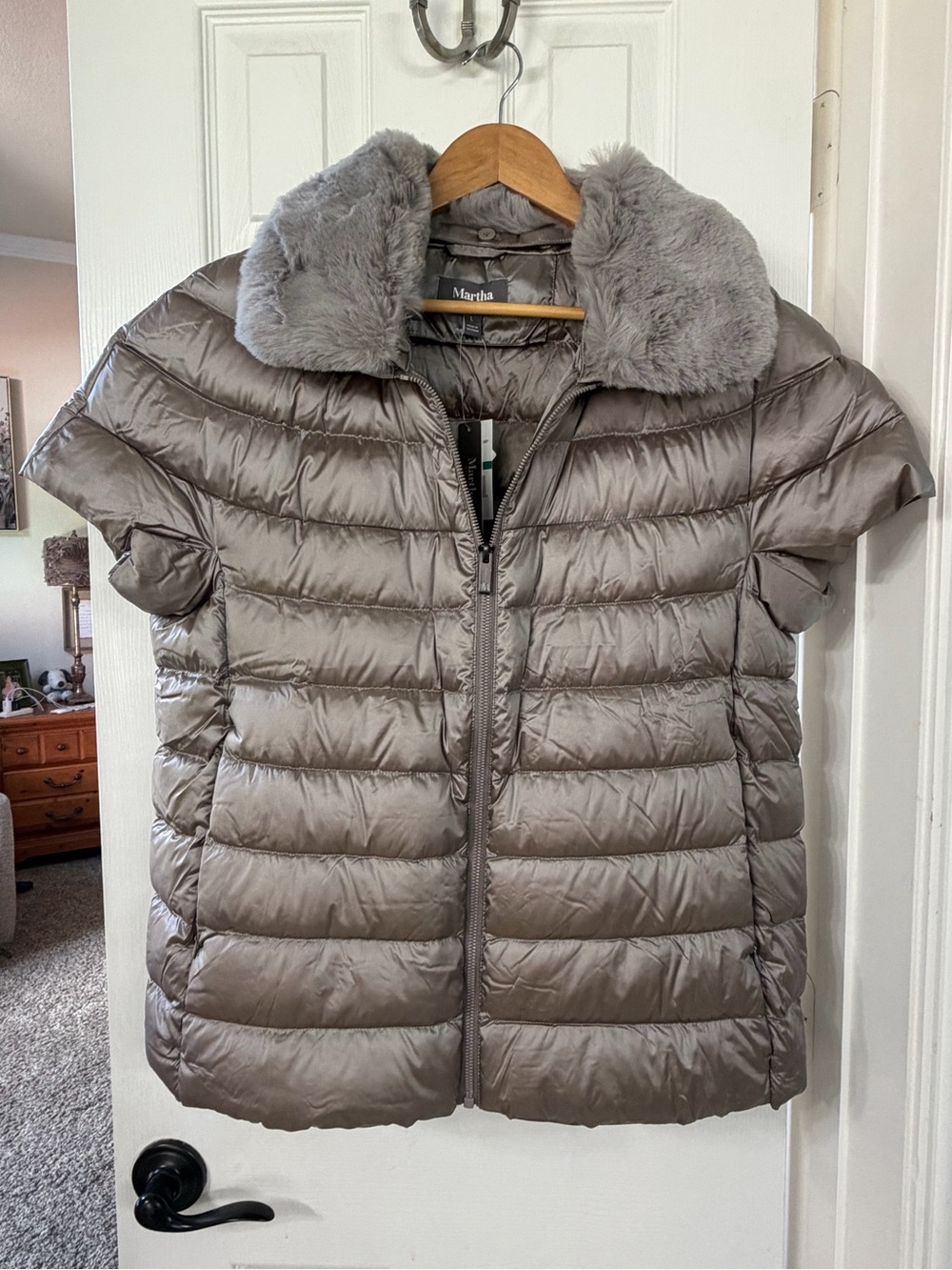 Martha Stewart Lightweight Quilted Puff Vest with Faux Fur Collar - Gray